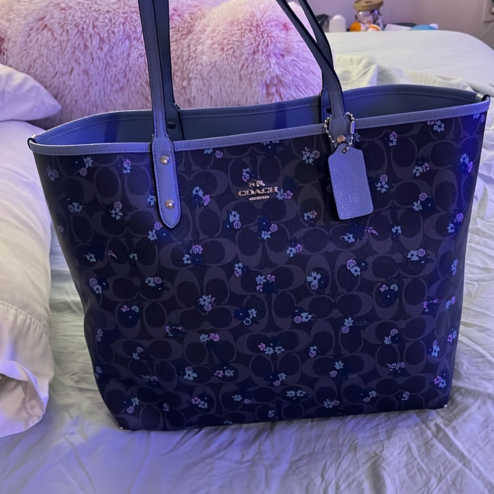 Coach blue signature c tote bag  floral flowers spring reversible